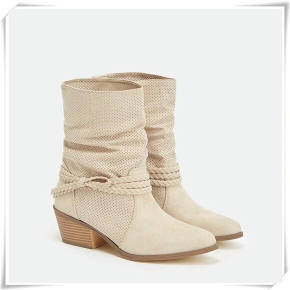 JustFab Beige Natural Western Style Pull On Mid Calf Perforated Boots Booties - Picture 1 of 2